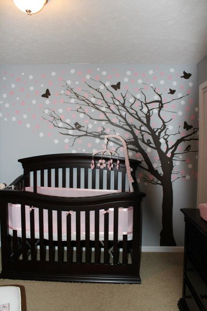 Light Grey Decor Fancy Light Grey Painted Nursery Decor Ideas For Girl Involving Black Crib To Match Tree Decal With Pink Flowers Decoration Lovely Nursery Decor Ideas With Secured Bedroom Appliances