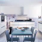 White Kitchen Table Glossy White Kitchen Completed Dining Table And Chairs Between Kitchen Cabinets And Island Involved Candle Holder On Cabinets Kitchens Various French Kitchen Styles In Pretty Layout