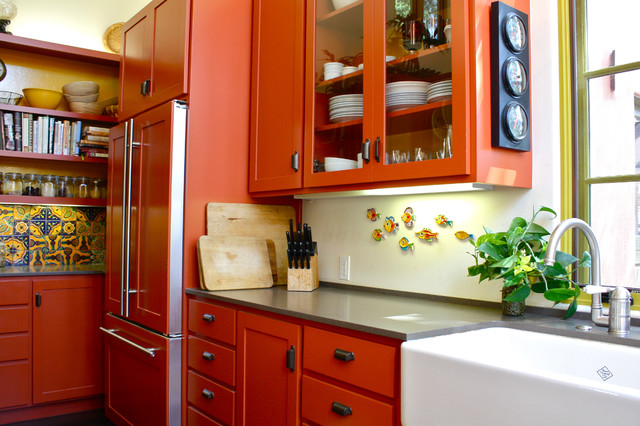 Orange Kitchen In Fancy Orange Kitchen Cupboards Ideas In Mid Century Kitchen With Granite Countertop And White Sink Also Metal Faucet Kitchens Deluxe Kitchen Cupboards Ideas With Enchanting Kitchen Designs