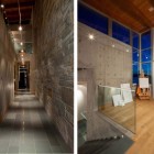 Corridor With Wall Long Corridor With Small Stone Wall Panel Shiny Ceiling Lights Rustic Wood Floor Steep Concrete Staircase With Glass Railing In Pender Harbour House Architecture Stunning Waterfront House With Lush Forest Landscape