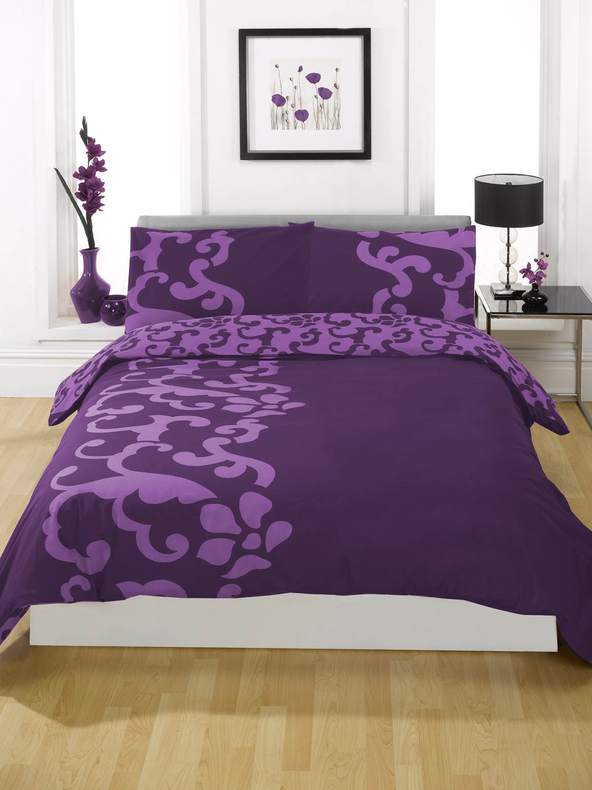 Purple Duvet Modern Elegant Purple Duvet Cover On Modern Low Profile Bed Glossy Dark Table Lamp On Glass Bedside Table Artistic Painting Bedroom Comfortable Purple Duvet Covers For Your Beautiful Bedroom Sets