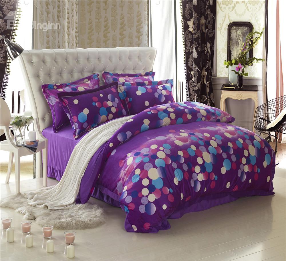 Polka Dot Cover Pretty Polka Dot Purple Duvet Cover With Unusual Tufted Bed Headboard White Armchair Warm Fur Rug On Wood Floor Fake Flower Bedroom Comfortable Purple Duvet Covers For Your Beautiful Bedroom Sets