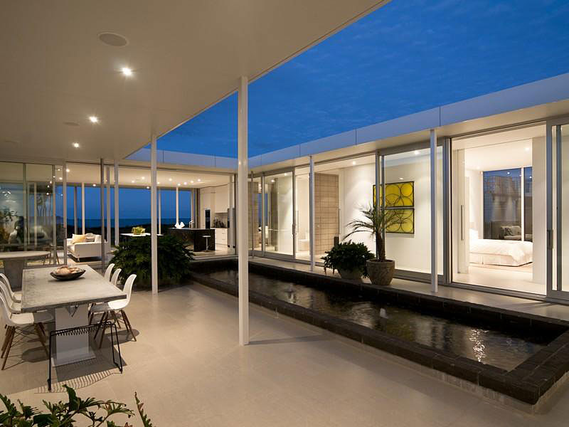 View Of Courtyard Calm View Of Taumata House Courtyard Seen By Evening From Open Semi Outdoor Dining Space With Recessed Lamps Dream Homes  Natural Minimalist Home In Contemporary And Beautiful Decorations