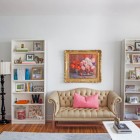 Eclectic Living Interior Lavish Eclectic Living Room Design Interior Decorated With Small White Bookshelf Designs Furniture And Beige Classic Sofa Furniture Furniture Creative And Beautiful Bookshelf Designs For Smart Storage Application
