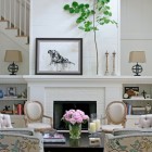 Living Room Between Outstanding Modern Living Room With Flowers Between Sofas And The Fireplace Mantel Shelves Under Photo Decor Decoration Functional Modern Home With Fireplace Mantel Shelves And Creative Lightings