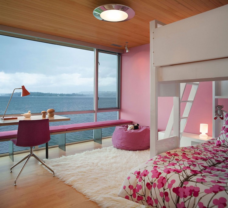 Pink Themed Girls Feminine Pink Themed Graham House Girls Bedroom With Stylish Bench And Floating Desk Swivel Chair And Bunk Bed Dream Homes Creative Contemporary Home For Elegant And Unusual Cantilevered Appearance